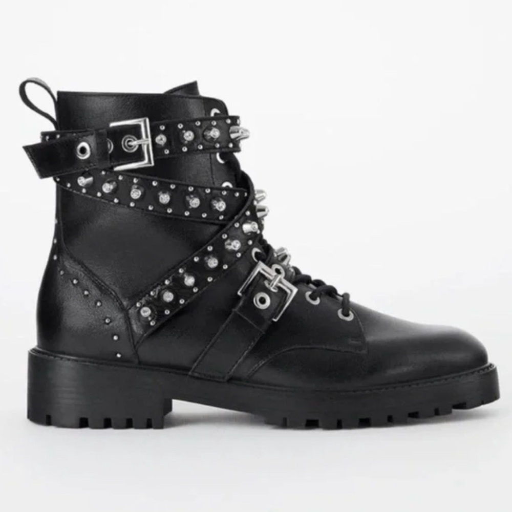 Zara Studded Black Leather Combat Boot - Women's Size EU38/7.5